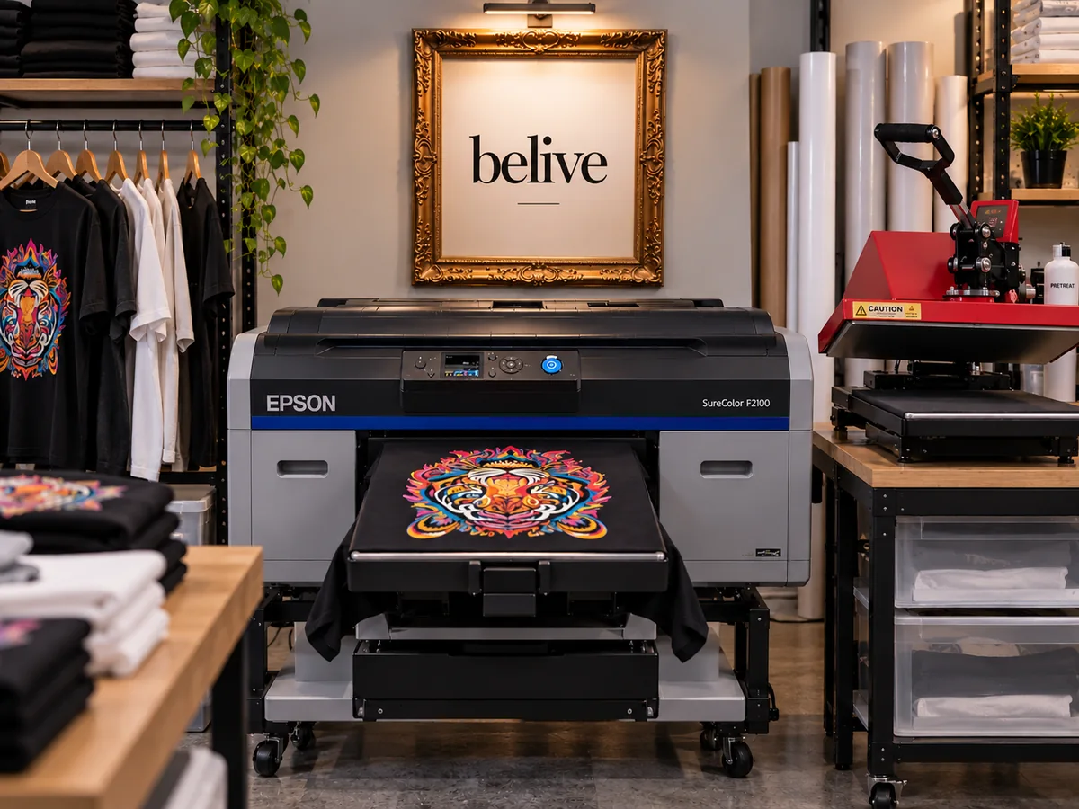 Escena ilustrativa de impresión textil con impresora Epson y plancha térmica